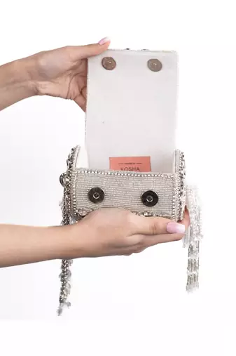 Mia silver georgette embellished mini cylinder bag