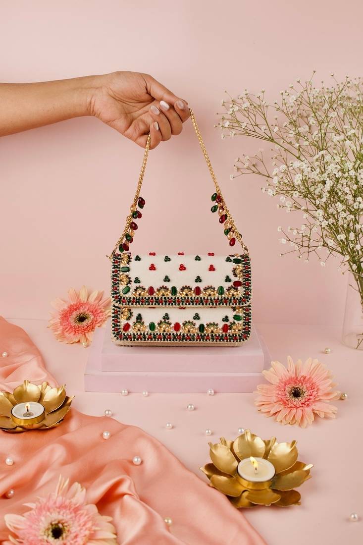 Noori multicolor suede embellished clutch