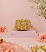 Rania gold & pink georgette embellished cylinder mini bag