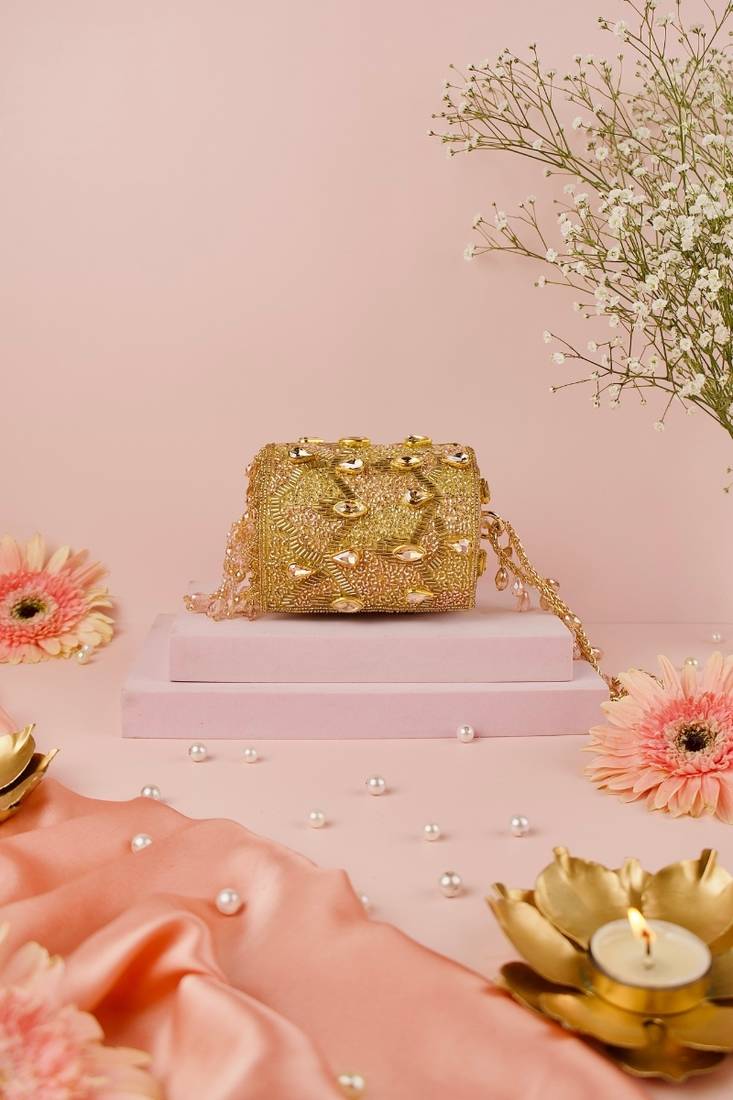 Rania gold & pink georgette embellished cylinder mini bag