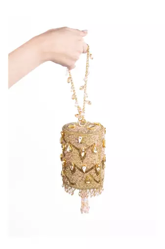 Rania gold & pink georgette embellished cylinder mini bag