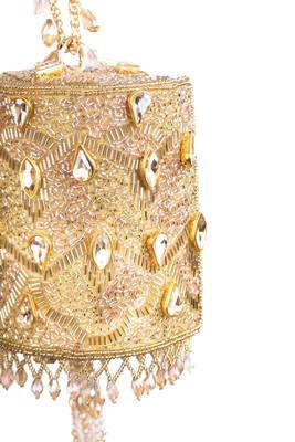 Rania gold & pink georgette embellished cylinder mini bag 3