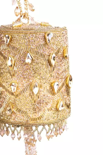 Rania gold & pink georgette embellished cylinder mini bag