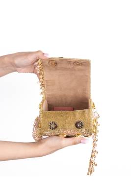 Rania gold & pink georgette embellished cylinder mini bag 4