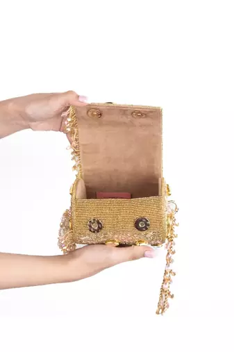 Rania gold & pink georgette embellished cylinder mini bag