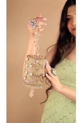 Rania gold & pink georgette embellished cylinder mini bag 5