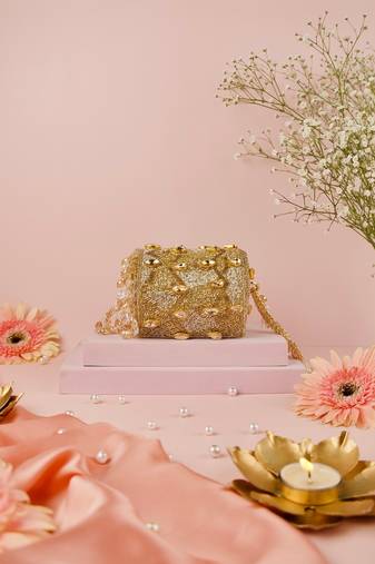 Rania gold & silver georgette embellished cylinder mini bag