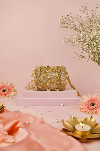 Rania gold & silver georgette embellished cylinder mini bag