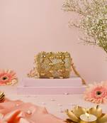 Rania gold & silver georgette embellished cylinder mini bag