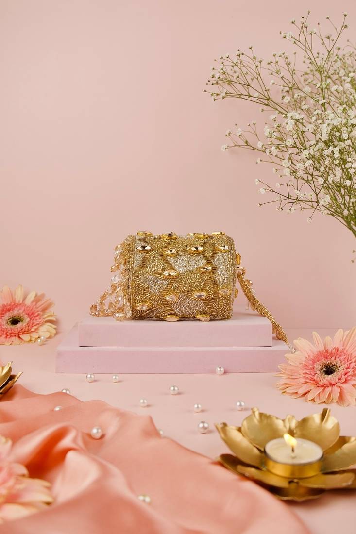 Rania gold & silver georgette embellished cylinder mini bag