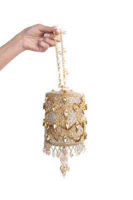 Rania gold & silver georgette embellished cylinder mini bag 2