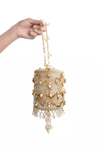 Rania gold & silver georgette embellished cylinder mini bag