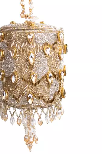 Rania gold & silver georgette embellished cylinder mini bag