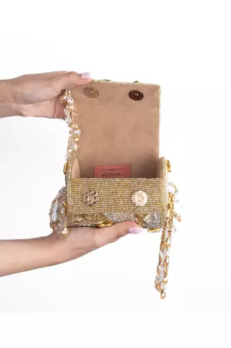 Rania gold & silver georgette embellished cylinder mini bag