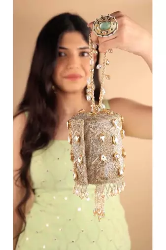 Rania gold & silver georgette embellished cylinder mini bag