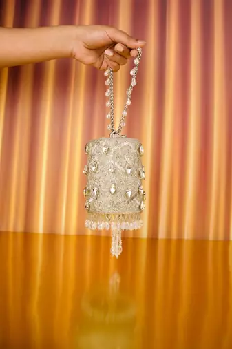 Rania silver georgette embellished cylinder mini bag