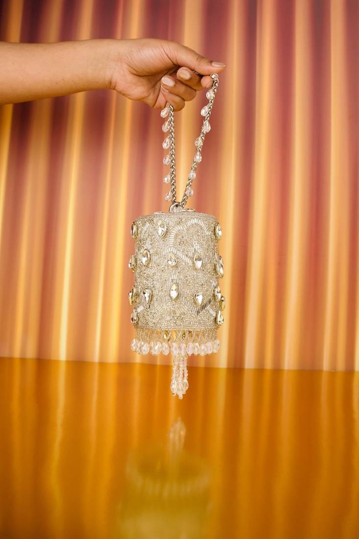 Rania silver georgette embellished cylinder mini bag