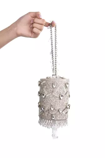 Rania silver georgette embellished cylinder mini bag