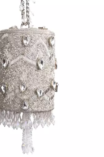 Rania silver georgette embellished cylinder mini bag