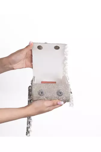 Rania silver georgette embellished cylinder mini bag