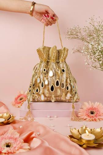 Noorah gold georgette mirror handcrafted potli