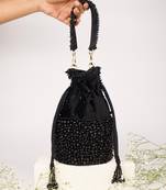 Zaria black suede crystal embellished bucket bag