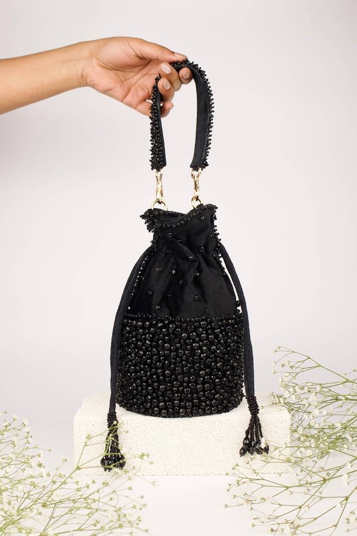 Zaria black suede crystal embellished bucket bag