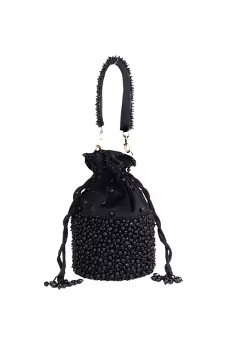 Zaria black suede crystal embellished bucket bag