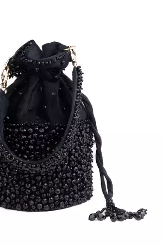 Zaria black suede crystal embellished bucket bag