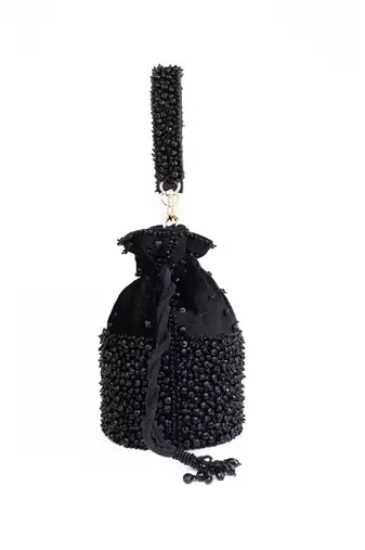 Zaria black suede crystal embellished bucket bag