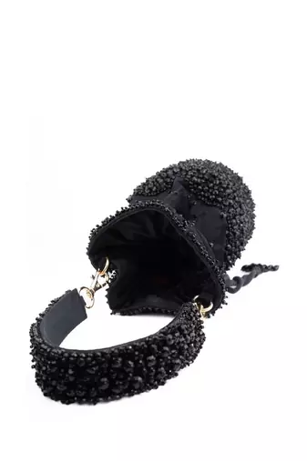 Zaria black suede crystal embellished bucket bag