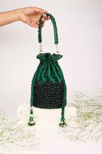 Zaria green suede crystal embellished bucket bag