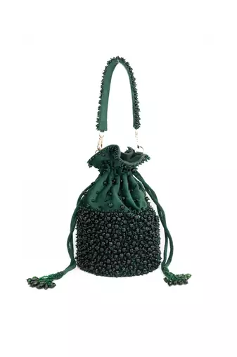Zaria green suede crystal embellished bucket bag