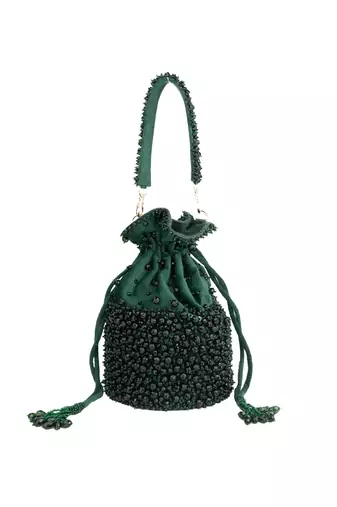 Zaria green suede crystal embellished bucket bag