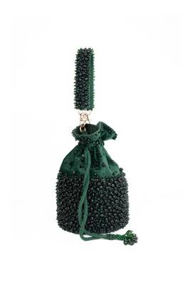 Zaria green suede crystal embellished bucket bag 4