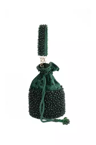 Zaria green suede crystal embellished bucket bag