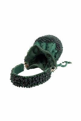 Zaria green suede crystal embellished bucket bag 5