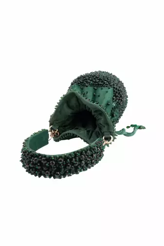Zaria green suede crystal embellished bucket bag
