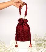 Zaria maroon suede crystal embellished bucket bag