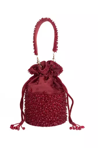 Zaria maroon suede crystal embellished bucket bag