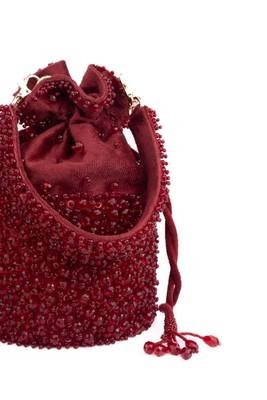 Zaria maroon suede crystal embellished bucket bag 3