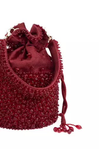 Zaria maroon suede crystal embellished bucket bag
