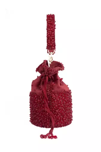 Zaria maroon suede crystal embellished bucket bag
