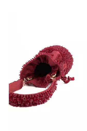 Zaria maroon suede crystal embellished bucket bag