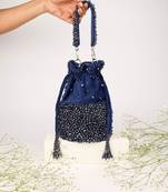 Zaria navy blue suede crystal embellished bucket bag