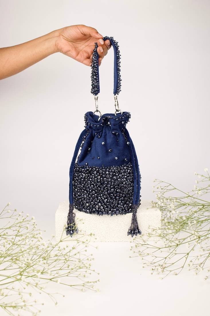 Zaria navy blue suede crystal embellished bucket bag