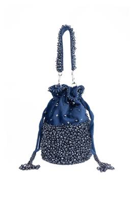 Zaria navy blue suede crystal embellished bucket bag 2
