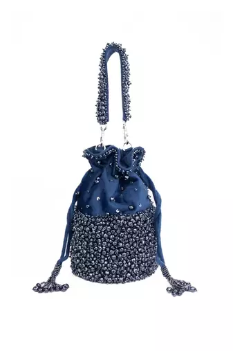 Zaria navy blue suede crystal embellished bucket bag