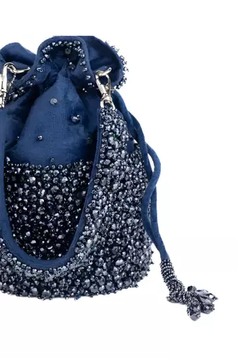 Zaria navy blue suede crystal embellished bucket bag