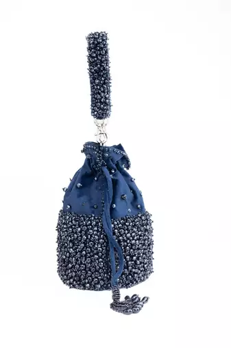 Zaria navy blue suede crystal embellished bucket bag